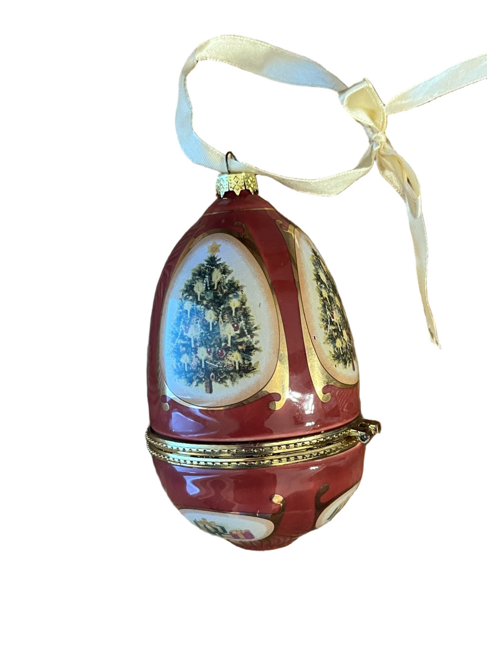 vintage Mr. Christmas Porcelain Egg
Ornament Music Box Red